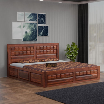 Premium Solid Wood King Size Bed with Artistic Geometric Panel Design & Modern Wooden Finish