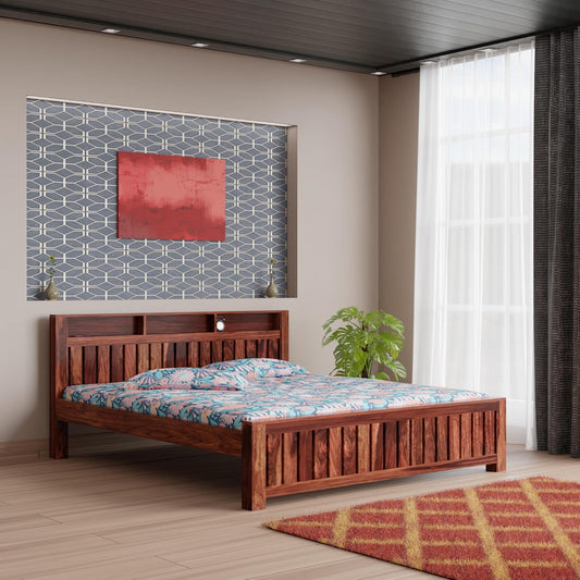 Solid Wood King Size Bed with Slatted Headboard & Storage Shelves