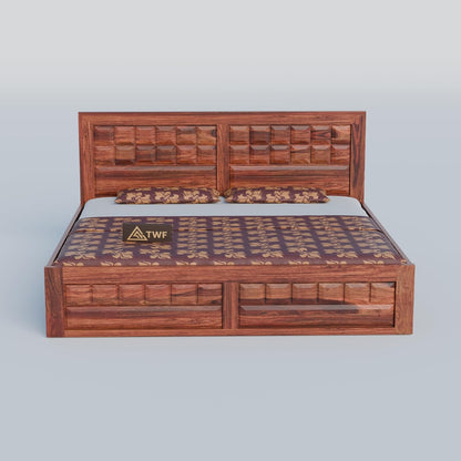 Premium Solid Wood King Size Bed with Artistic Geometric Panel Design & Modern Wooden Finish