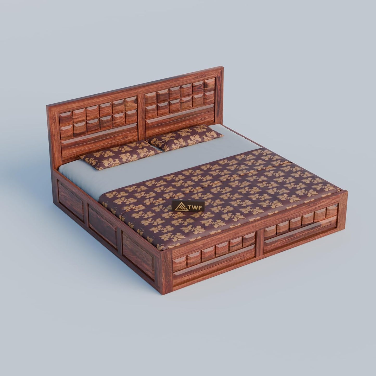 Premium Solid Wood King Size Bed with Artistic Geometric Panel Design & Modern Wooden Finish
