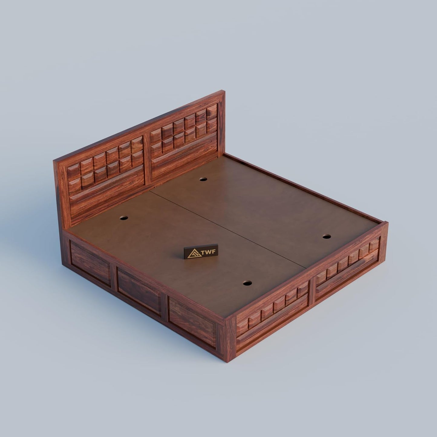 Premium Solid Wood King Size Bed with Artistic Geometric Panel Design & Modern Wooden Finish