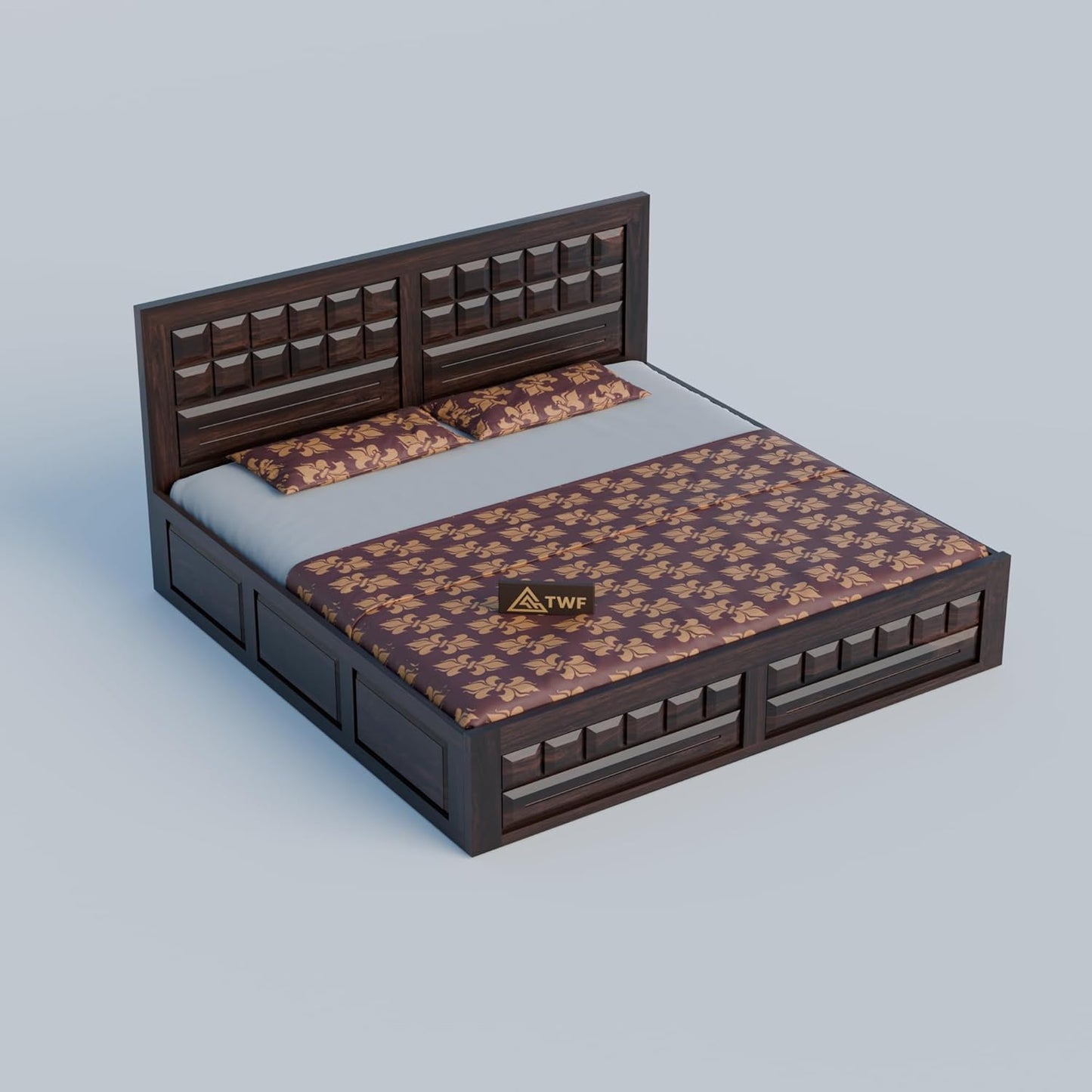 Premium Solid Wood King Size Bed with Artistic Geometric Panel Design & Modern Wooden Finish