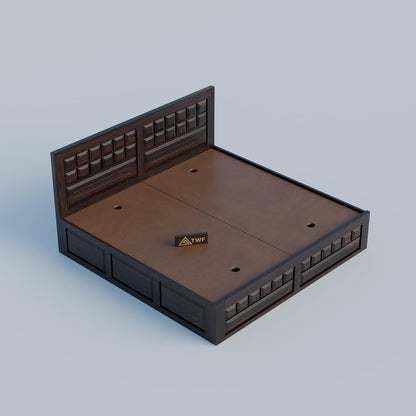 Premium Solid Wood King Size Bed with Artistic Geometric Panel Design & Modern Wooden Finish