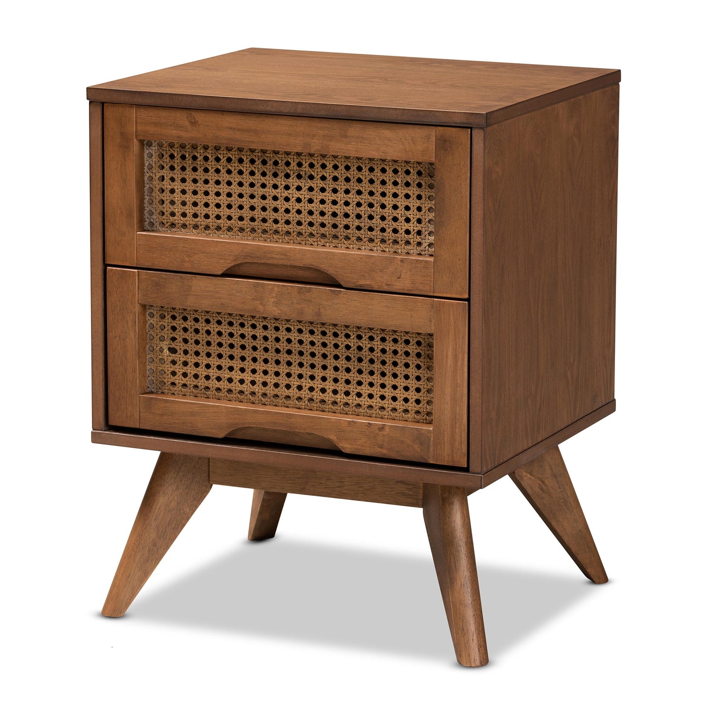 Royal Marwar Solid Mango Wood Bedside Table with 2 Drawers | Handwoven Cane Front | Mid-Century Modern Nightstand | Walnut Finish