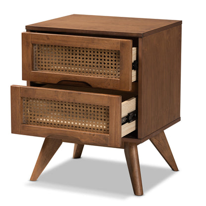 Royal Marwar Solid Mango Wood Bedside Table with 2 Drawers | Handwoven Cane Front | Mid-Century Modern Nightstand | Walnut Finish