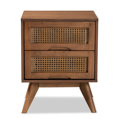 Royal Marwar Solid Mango Wood Bedside Table with 2 Drawers | Handwoven Cane Front | Mid-Century Modern Nightstand | Walnut Finish