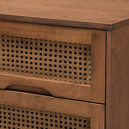 Royal Marwar Solid Mango Wood Bedside Table with 2 Drawers | Handwoven Cane Front | Mid-Century Modern Nightstand | Walnut Finish