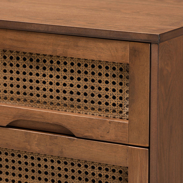 Royal Marwar Solid Mango Wood Bedside Table with 2 Drawers | Handwoven Cane Front | Mid-Century Modern Nightstand | Walnut Finish