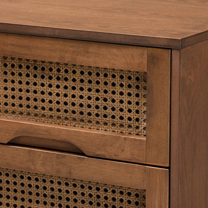 Royal Marwar Solid Mango Wood Bedside Table with 2 Drawers | Handwoven Cane Front | Mid-Century Modern Nightstand | Walnut Finish