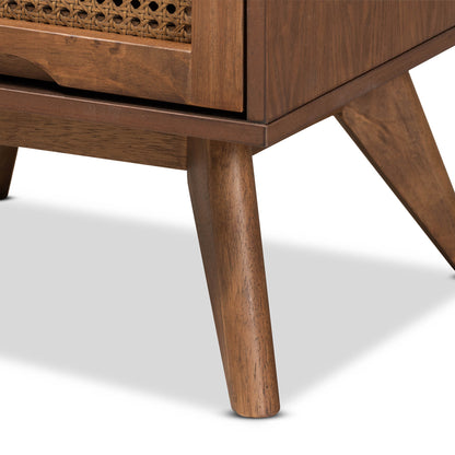Royal Marwar Solid Mango Wood Bedside Table with 2 Drawers | Handwoven Cane Front | Mid-Century Modern Nightstand | Walnut Finish