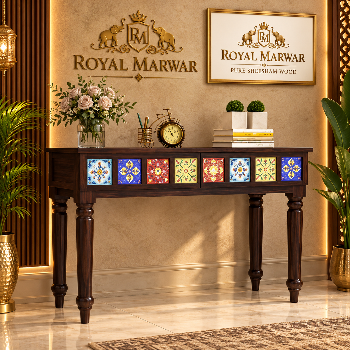 Royal Marwar Sheesham Wood Console Table with 2 Drawers | Decorative Tiles Design | Entryway & Living Room