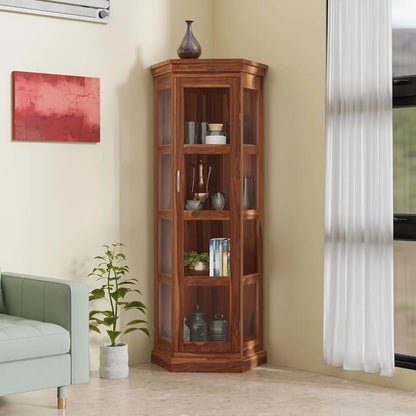 Royal Marwar Solid Sheesham Wood Corner Display Cabinet | Glass Door Corner Bookcase | Wooden Display Unit | Honey Finish
