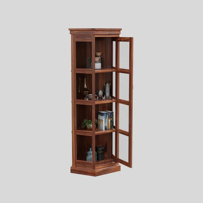 Royal Marwar Solid Sheesham Wood Corner Display Cabinet | Glass Door Corner Bookcase | Wooden Display Unit | Honey Finish