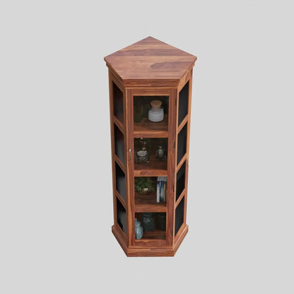 Royal Marwar Solid Sheesham Wood Corner Display Cabinet | Glass Door Corner Bookcase | Wooden Display Unit | Honey Finish