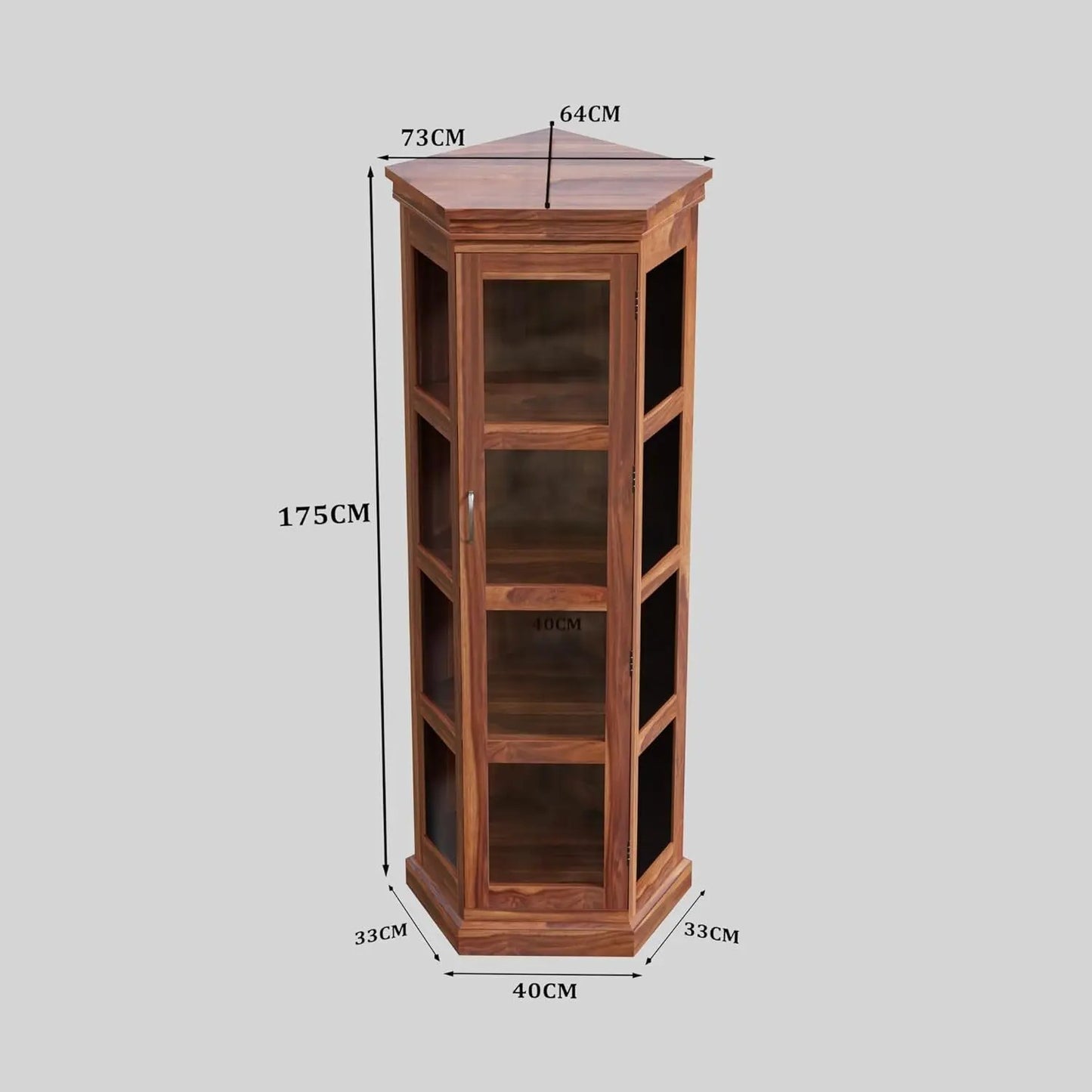Royal Marwar Solid Sheesham Wood Corner Display Cabinet | Glass Door Corner Bookcase | Wooden Display Unit | Honey Finish