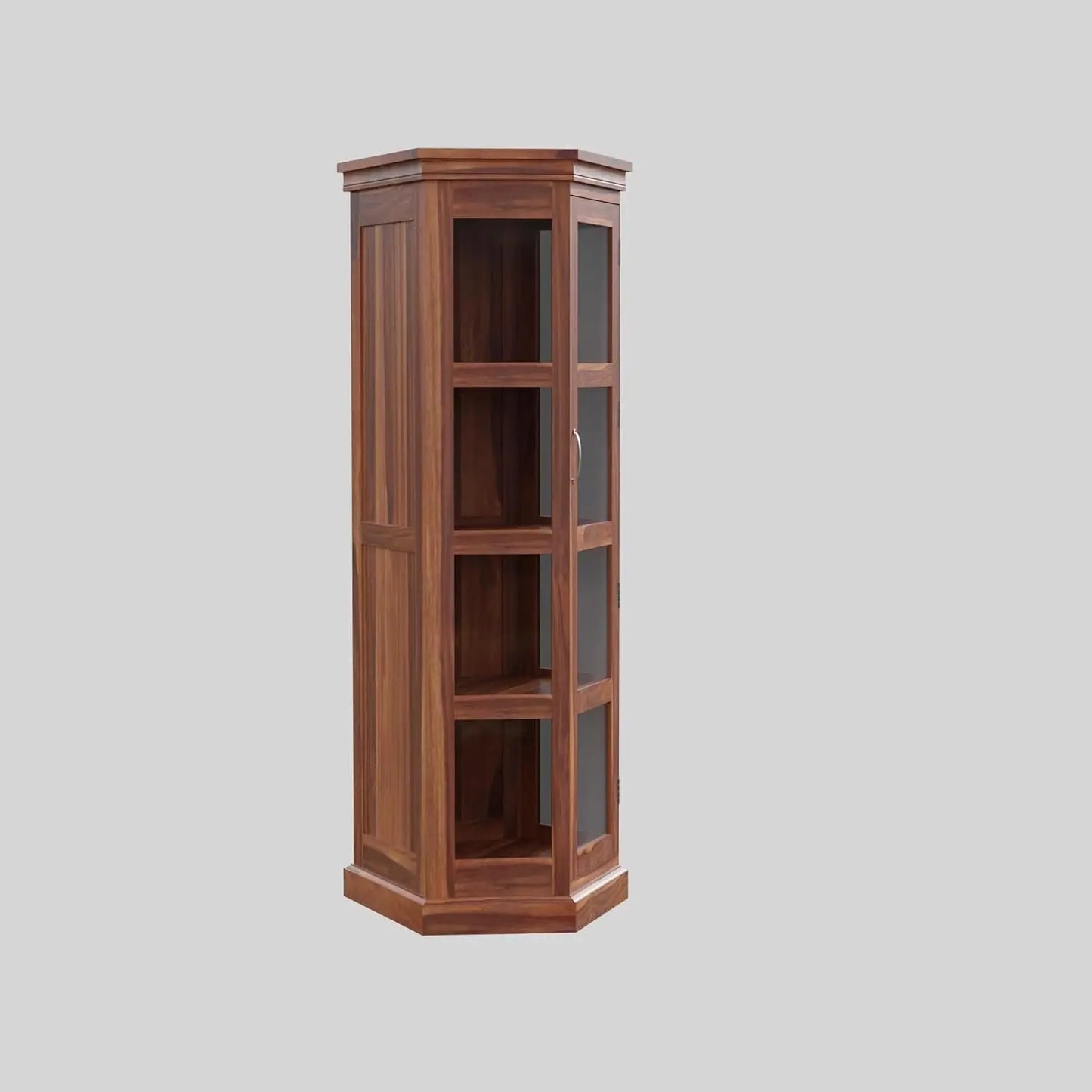 Royal Marwar Solid Sheesham Wood Corner Display Cabinet | Glass Door Corner Bookcase | Wooden Display Unit | Honey Finish