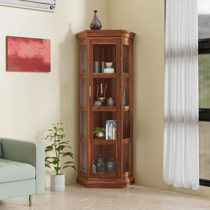 Royal Marwar Solid Sheesham Wood Corner Display Cabinet | Glass Door Corner Bookcase | Wooden Display Unit | Honey Finish