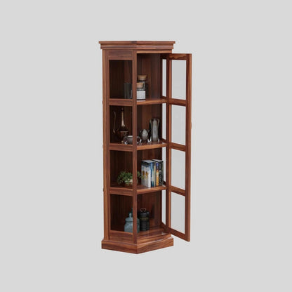 Royal Marwar Solid Sheesham Wood Corner Display Cabinet | Glass Door Corner Bookcase | Wooden Display Unit | Honey Finish