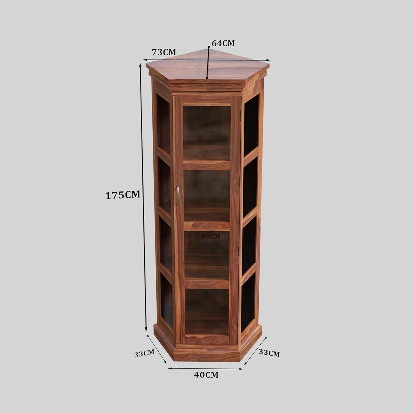 Royal Marwar Solid Sheesham Wood Corner Display Cabinet | Glass Door Corner Bookcase | Wooden Display Unit | Honey Finish