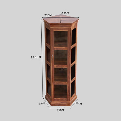 Royal Marwar Solid Sheesham Wood Corner Display Cabinet | Glass Door Corner Bookcase | Wooden Display Unit | Honey Finish