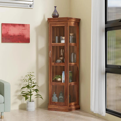 Royal Marwar Solid Sheesham Wood Corner Display Cabinet | Glass Door Corner Bookcase | Wooden Display Unit | Honey Finish