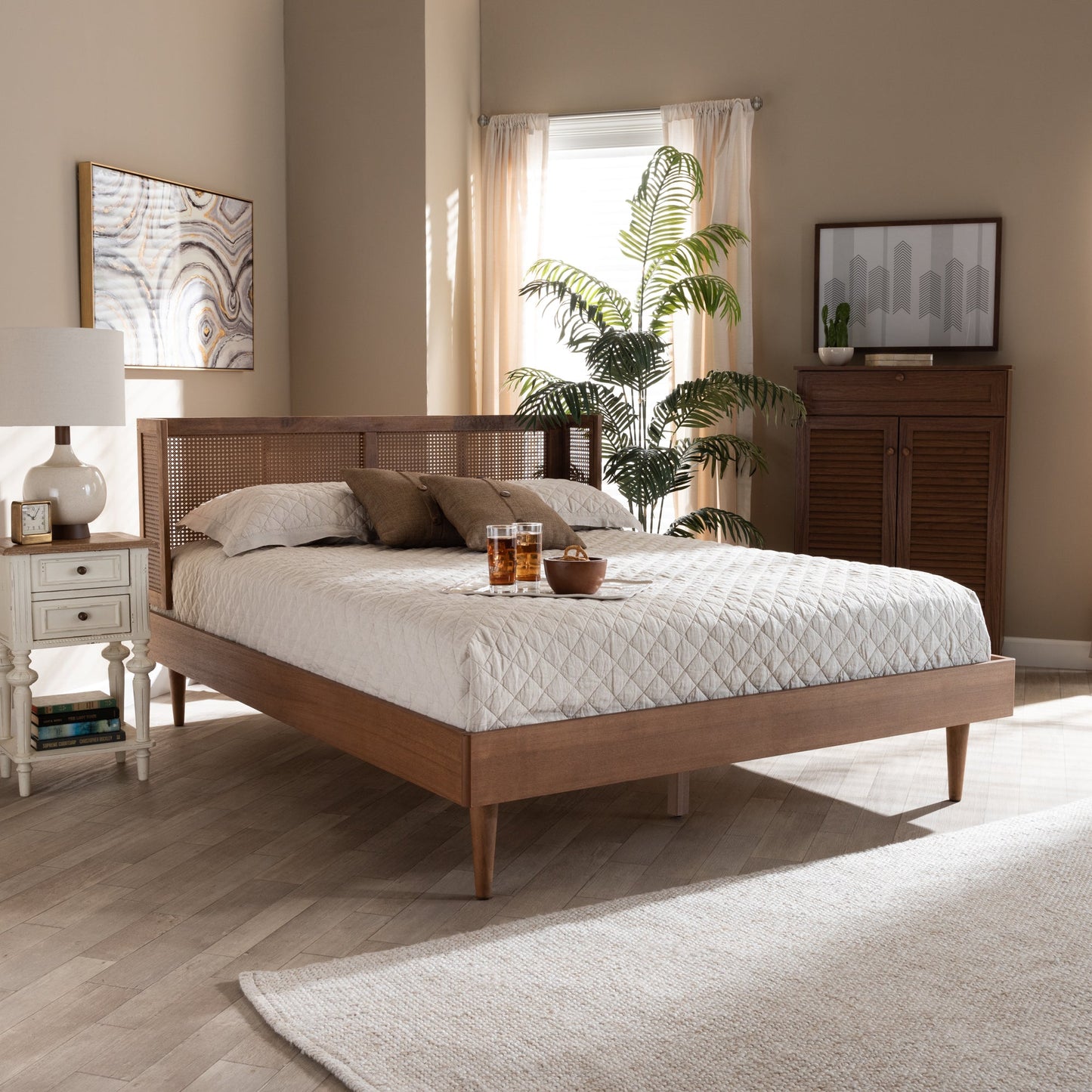 Royal Marwar Solid Sheesham Wood Queen Size Cane Bed | Modern Wooden Platform Bed | Premium Honey Finish | Without Storage