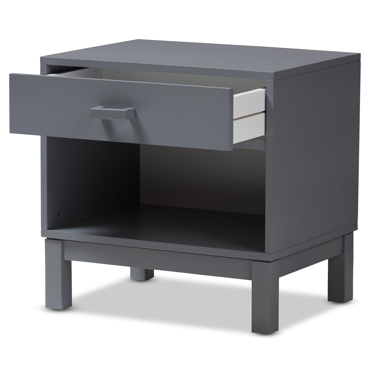 Grey nightstand with drawer and open shelf, angled view with top and metal pull.