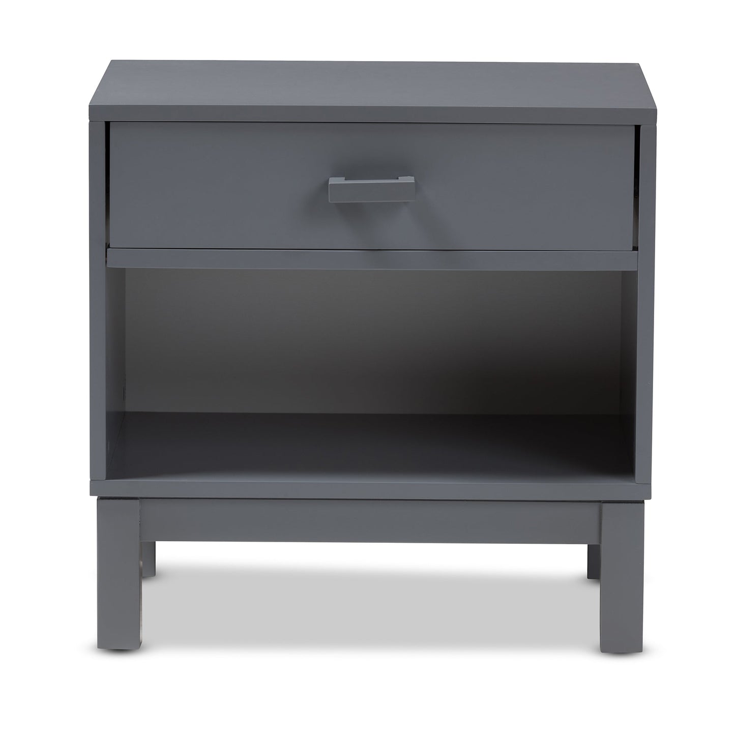 Grey bedside table front view with closed drawer and open shelf compartment.