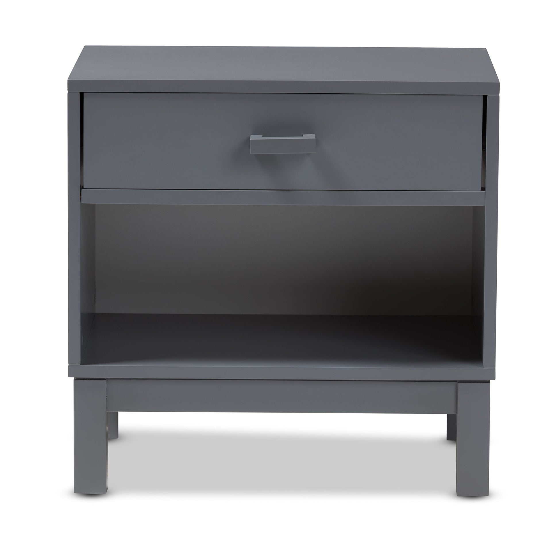 Grey bedside table front view with closed drawer and open shelf compartment.