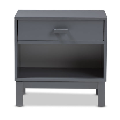 Grey bedside table front view with closed drawer and open shelf compartment.