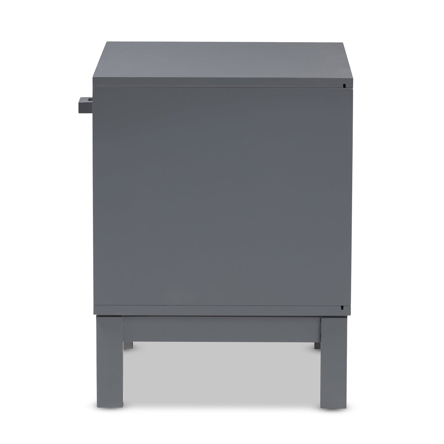 Grey night stand rear view with back panel and open shelf area below.
