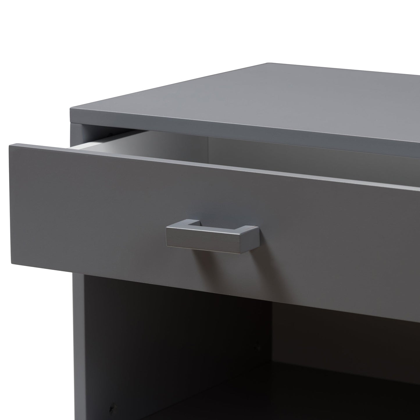 Grey night stand with side view showing drawer front and open shelving compartment.