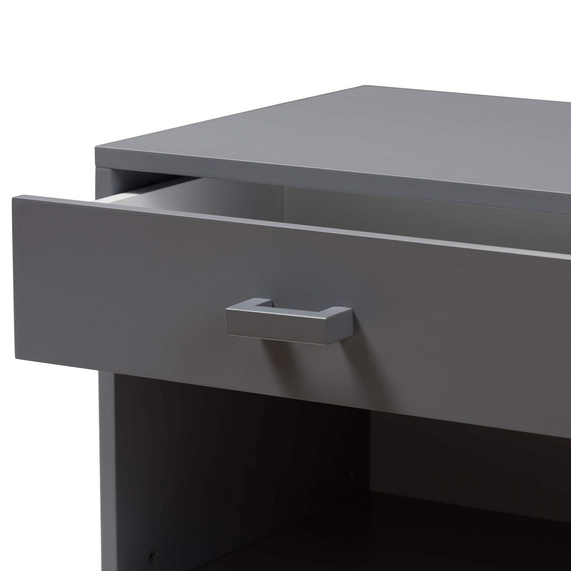 Grey night stand with side view showing drawer front and open shelving compartment.