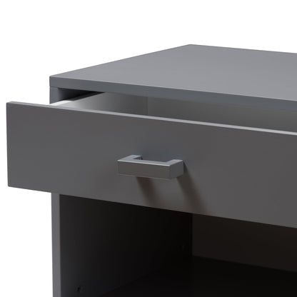 Grey night stand with side view showing drawer front and open shelving compartment.