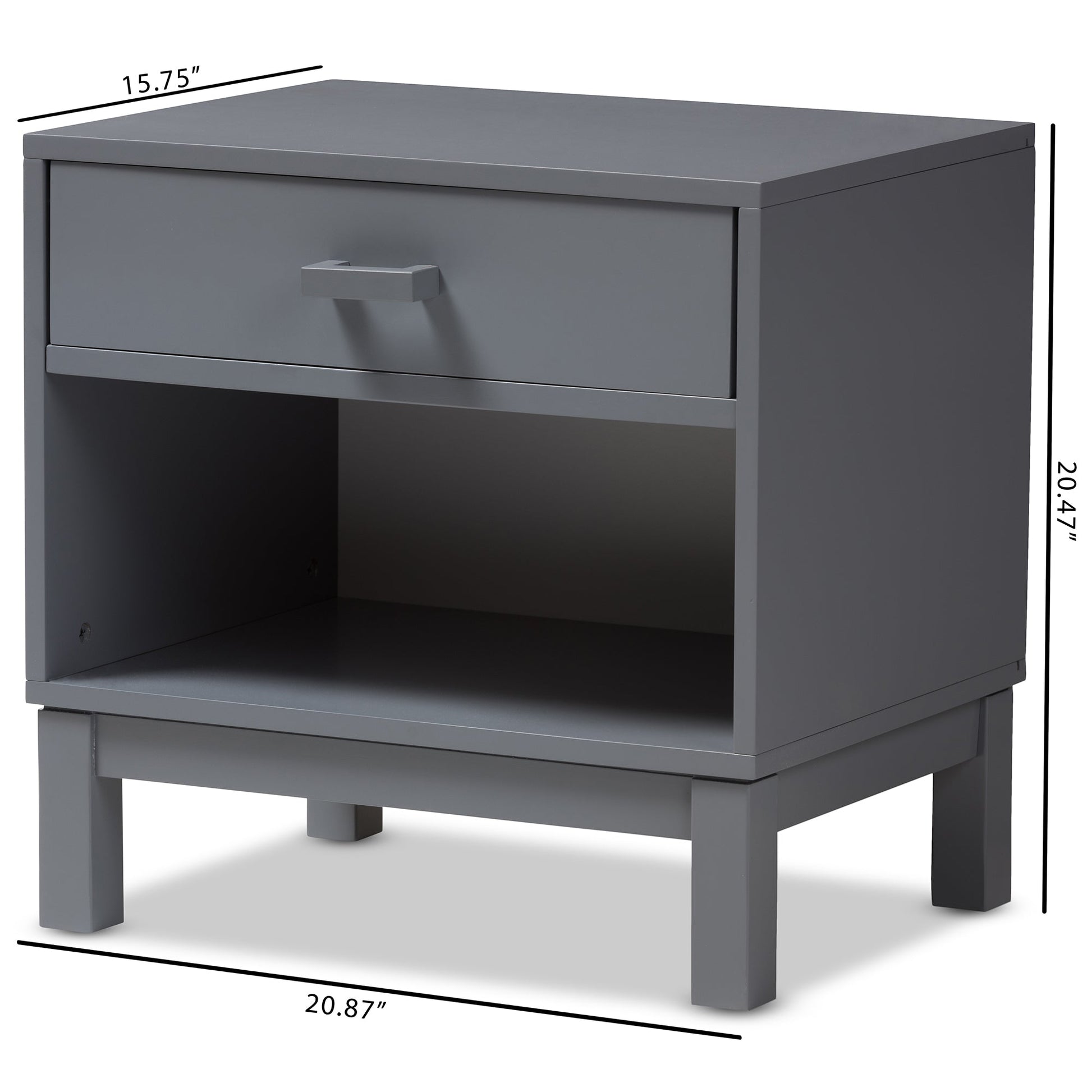 Grey bedside cabinet with one drawer and open shelf, shown from front-left angle.