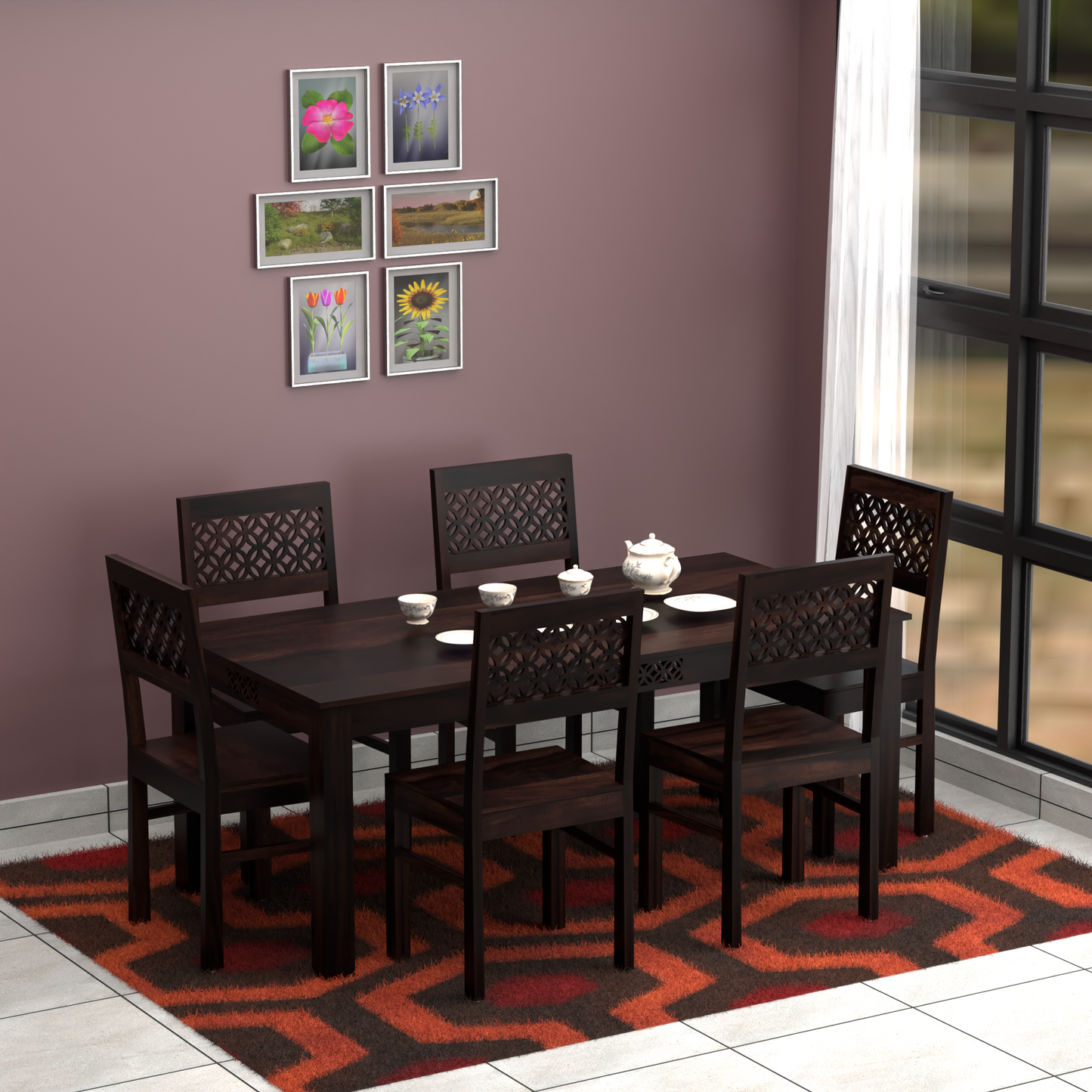 Royal Marwar Solid Sheesham Wood 6 Seater Dining Table Set | Wooden Dining Set with 6 Chairs | Honey Finish