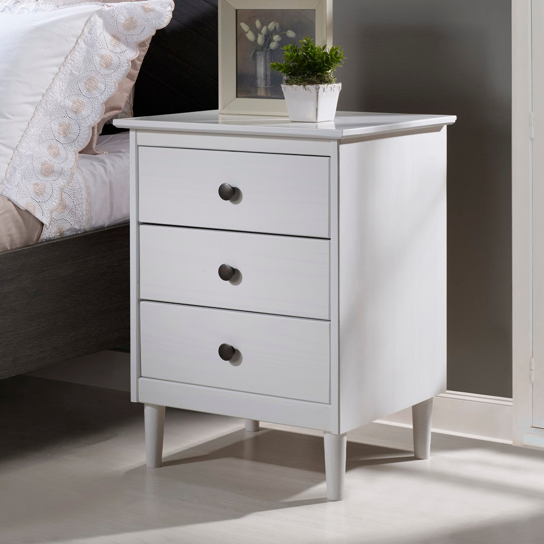 Royal Marwar Solid Mango Wood Bedside Table with 3 Drawers | Modern Nightstand | White Finish | Bedroom Side Cabinet