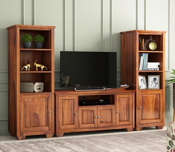 Royal Marwar Solid Sheesham Wood Entertainment Center with Bookshelves & TV Console | Honey Finish | Living Room Storage Unit