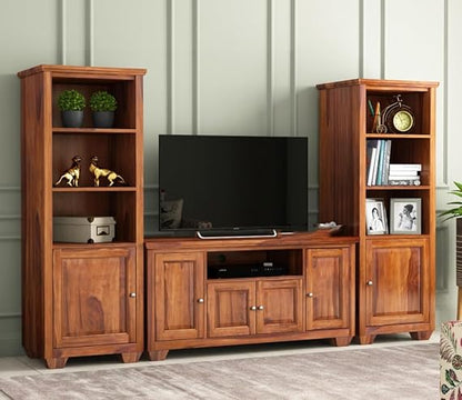 Royal Marwar Solid Sheesham Wood Entertainment Center with Bookshelves & TV Console | Honey Finish | Living Room Storage Unit