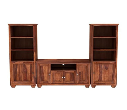 Royal Marwar Solid Sheesham Wood Entertainment Center with Bookshelves & TV Console | Honey Finish | Living Room Storage Unit