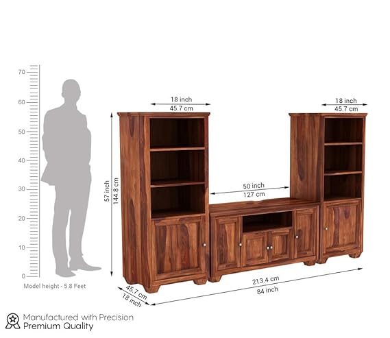 Royal Marwar Solid Sheesham Wood Entertainment Center with Bookshelves & TV Console | Honey Finish | Living Room Storage Unit