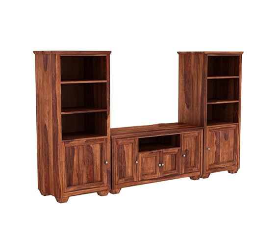 Royal Marwar Solid Sheesham Wood Entertainment Center with Bookshelves & TV Console | Honey Finish | Living Room Storage Unit