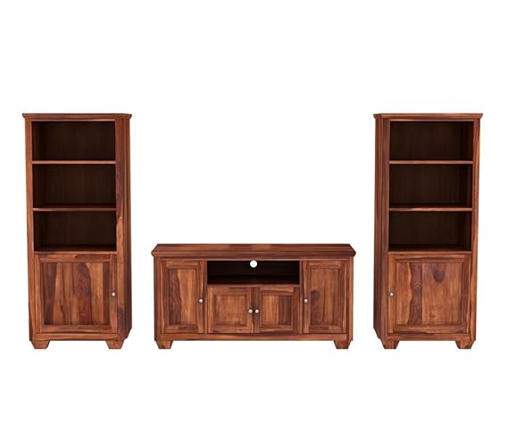 Royal Marwar Solid Sheesham Wood Entertainment Center with Bookshelves & TV Console | Honey Finish | Living Room Storage Unit