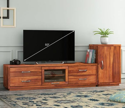 Royal Marwar Solid Sheesham Wood TV Unit with Side Cabinet | Honey Finish | Entertainment Console with Storage