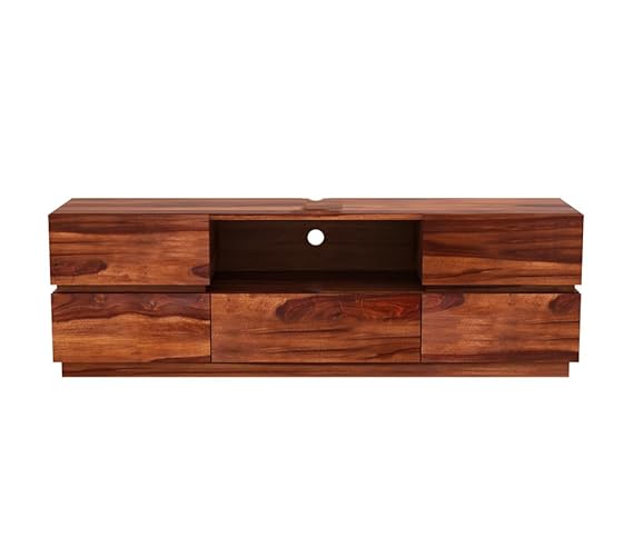 Sheesham wood TV console, honey finish, with central open bay and side drawer fronts