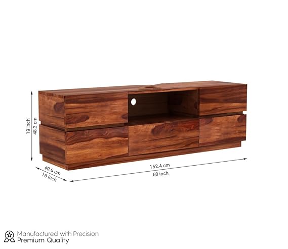 Sheesham wood TV unit, honey finish, with drawers and a center open shelf