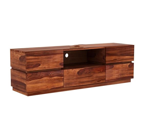 Sheesham wood TV unit with honey finish, central open compartment, and drawer fronts